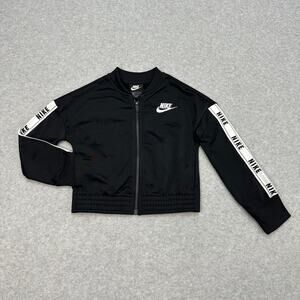 NIKE Tricot Track Jacket Girls XS Black White Spellout Logo Full Zip Long Sleeve